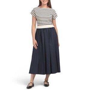 ZOE & CLAIRE Navy Flutter Sleeve Striped Midi Dress